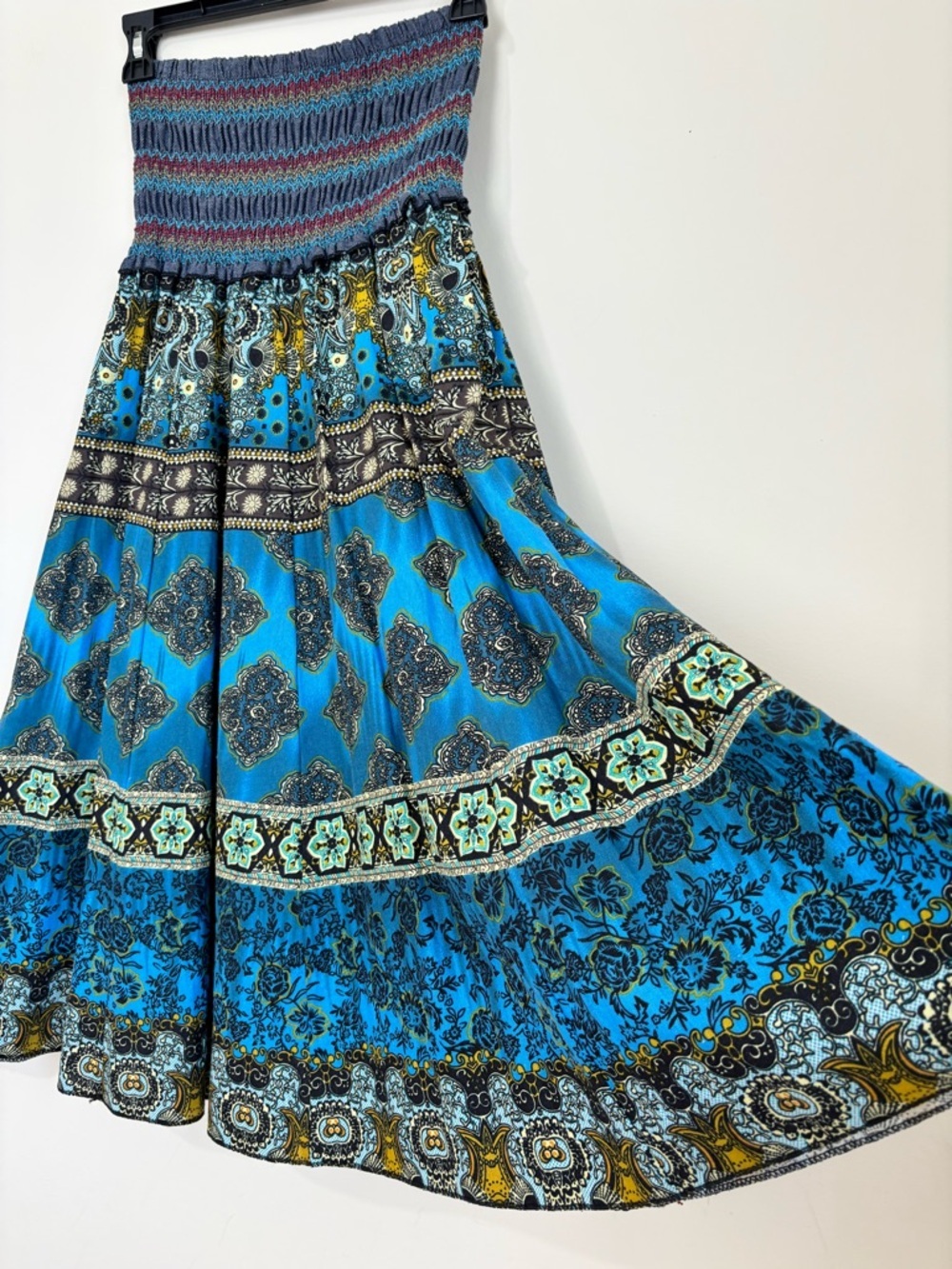 NEW Y2K boho cottage ethnic print smoked high rise pleated A-line Midi Skirt XS - Picture 5 of 16